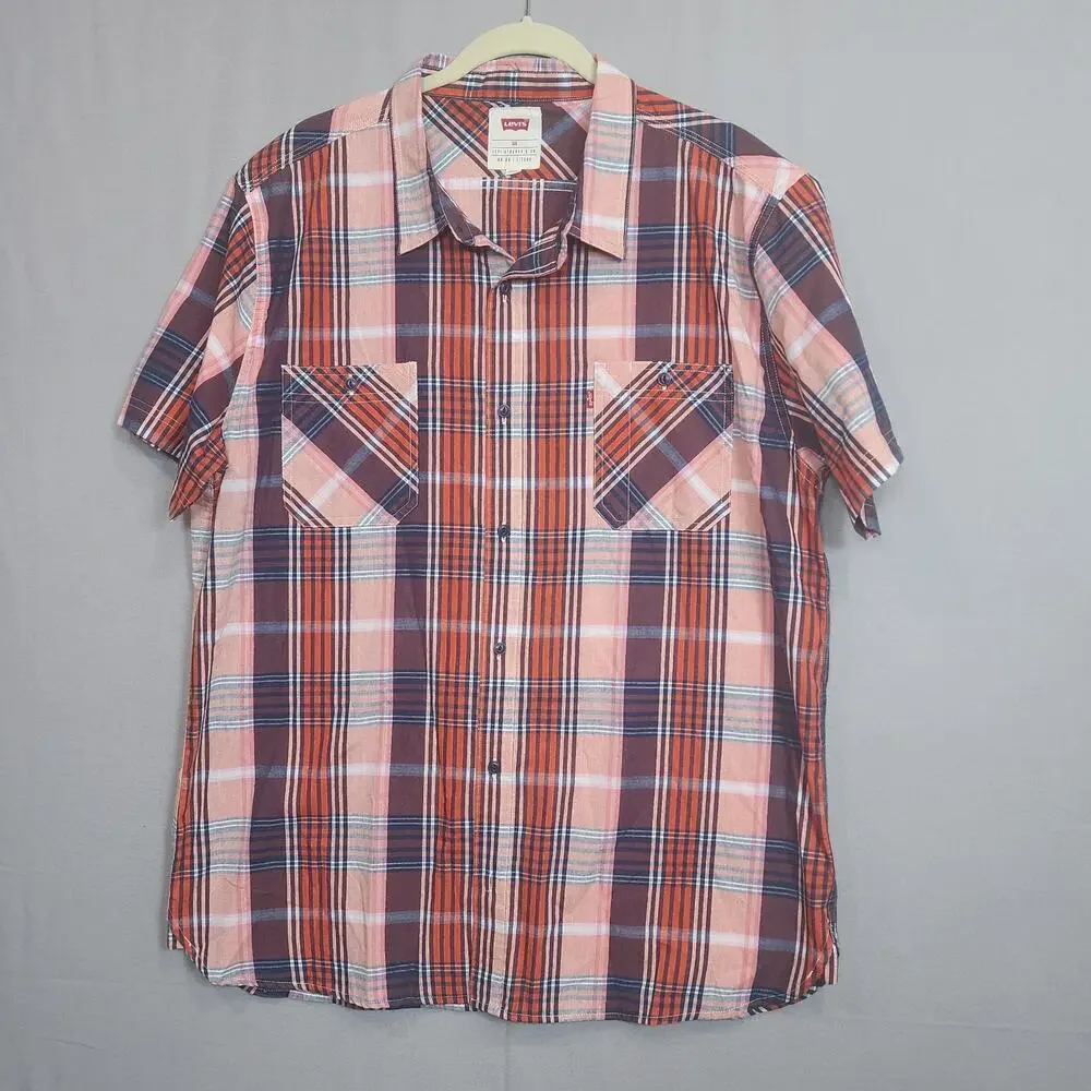 Levi's Men's Casual Button Up Short Sleeve Shirt Orange Plaid‎ Sz 2XL